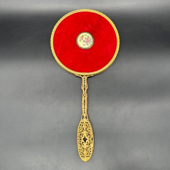 Antique Vanity Hand Mirror Red Velvet Guilloche Enamel Plaque Floral Brass - Picture 2 of 12